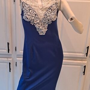 Ever Pretty Blue Midi Dress with White Lace